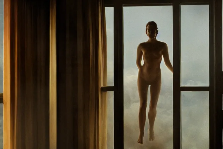 Image similar to a cinematic painting of homelander looking through a steamed up penthouse window, beautiful lighting, high depth, ultra realistic, artistic, by annie leibovitz