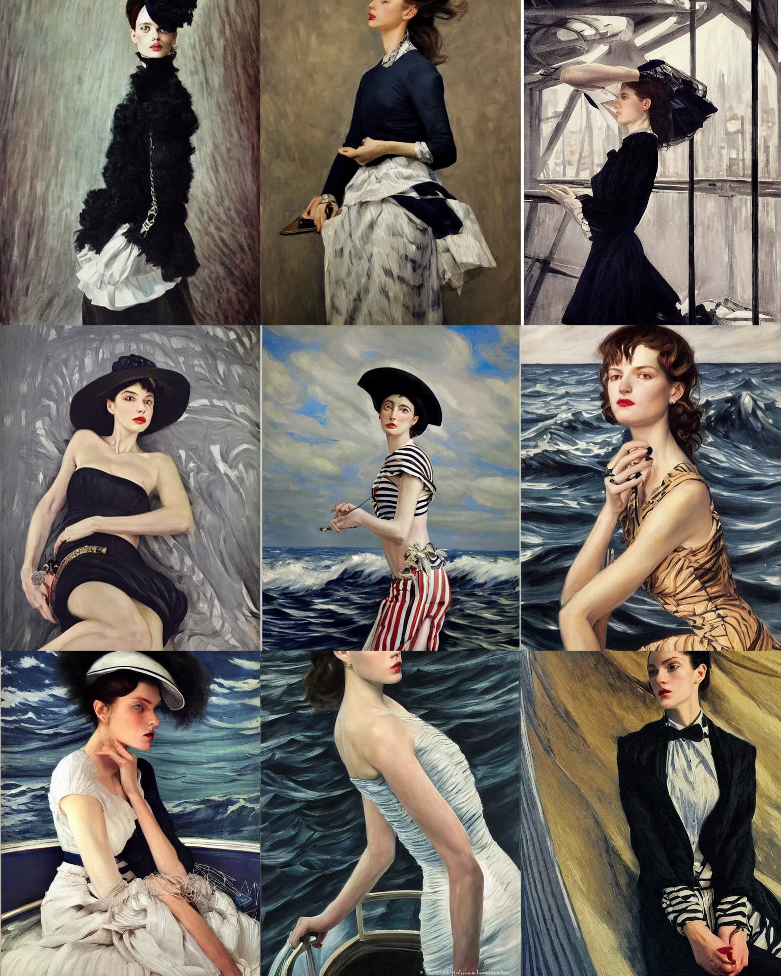 Prompt: a highly - detailed dark nautical painting. james tissot, vogue magazine, zinaida serebriakova, edward hopper, annie leibovitz. a modern!!!!! 2 0 1 0 s vogue fashion photography portrait, studio photography portrait, simple background, fully - clothed!!!.