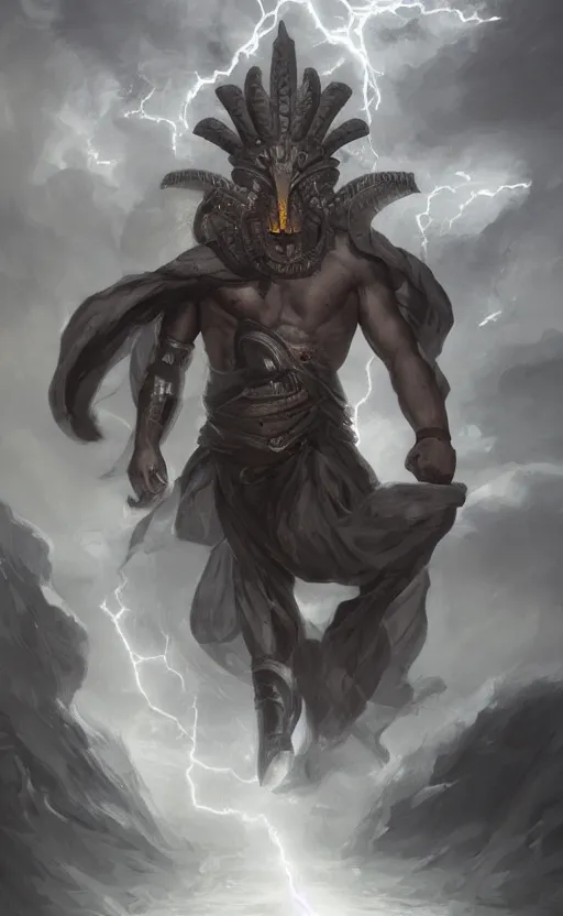 Prompt: grey skin, storm egyptian god, king, male, black clouds, maelstrom, thunder, lightnings, full body shot, highly detailed, digital painting, artstation, concept art, sharp focus, illustration, orientalism, art by aleksi briclot and mohrbacher and raphael lacoste and magali villeneuve