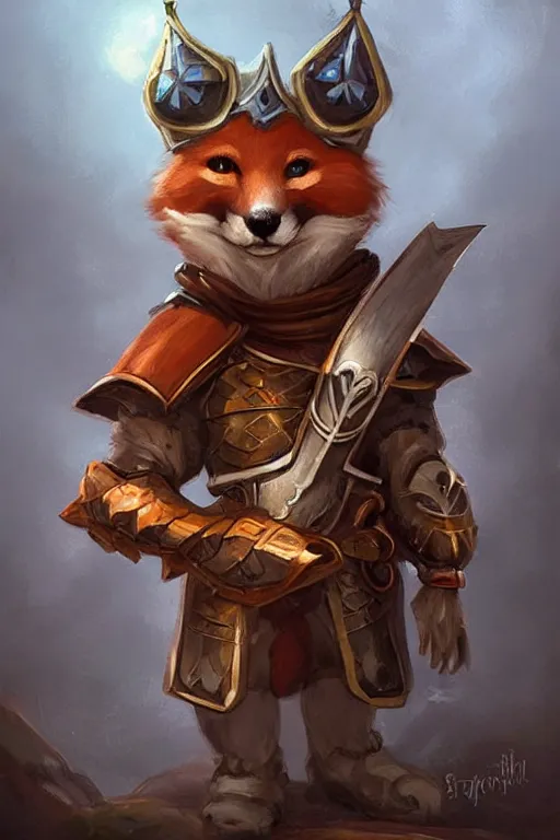 Image similar to cute little anthropomorphic foxy knight wearing a cape and a crown, tiny, small, miniature fox, baby animal, short, pale blue armor, cute and adorable, pretty, beautiful, DnD character art portrait, matte fantasy painting, DeviantArt Artstation, by Jason Felix by Steve Argyle by Tyler Jacobson by Peter Mohrbacher, cinematic lighting