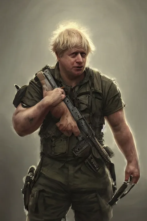 Image similar to Boris Johnson as Rambo First Blood, Boris Johnson hairstyle, masculine figure, highly detailed, digital painting, artstation, concept art, smooth, sharp focus, illustration, cinematic lighting, art by artgerm and greg rutkowski and alphonse mucha