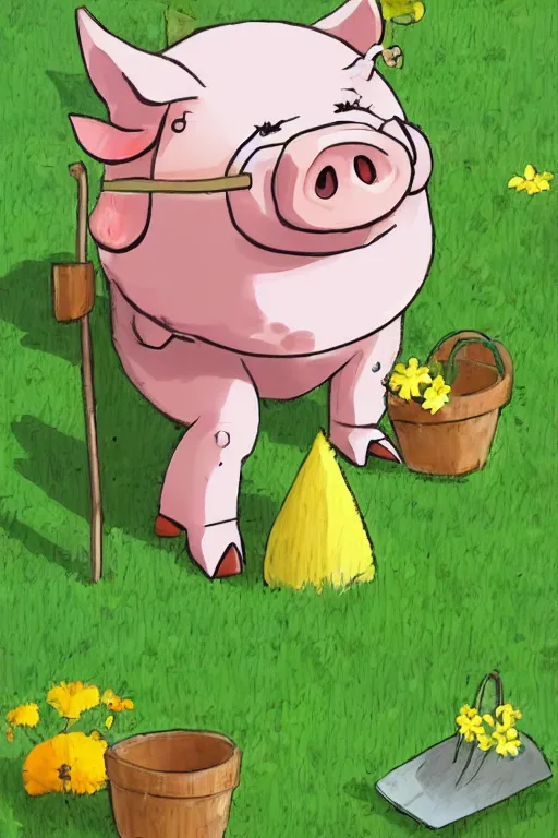 Prompt: cute little piggy with a gardening hat doing some gardening on a summer day, chibi, cute, adorable, studio ghibli trending on artstation, pixiv, Deviantart, HD, golden ratio, rule of thirds