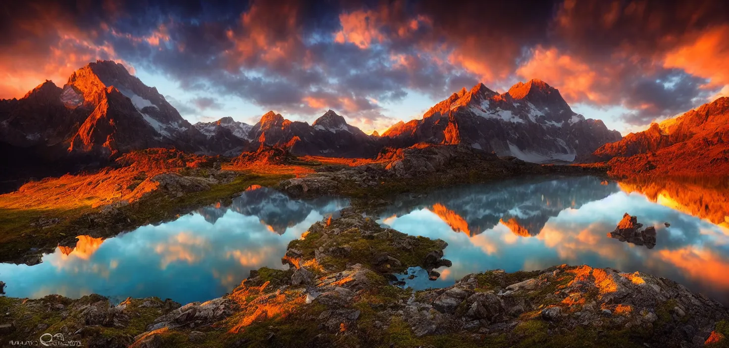 Image similar to amazing landscape photo of mountains with lake in sunset by marc adamus, beautiful dramatic lighting