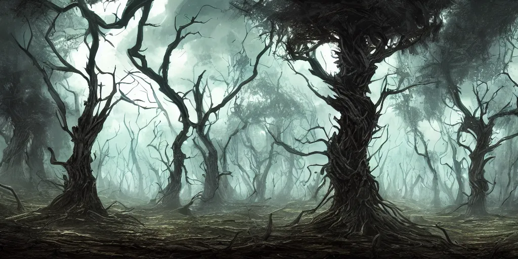Prompt: dead forest of windswept windswept windswept trees (no soil), high quality fantasy art, 4k