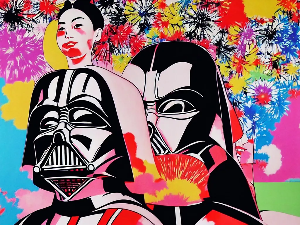 Image similar to hyperrealistic composition, in the middle a woman in a japanese kimono, behind her stands darth vader, in front of her a table from the casino, in the background is mount fuji and fireworks, pop - art style, jacky tsai style, andy warhol style, acrylic on canvas