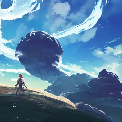 Prompt: a spaceship crashed into a foreign planet. The spaceship is buried in the ground. beautiful blue sky with large white anime clouds. in the style of digital art, artstation trending, rossdraws, breath of the wild, Makoto Shinkai, ghibli