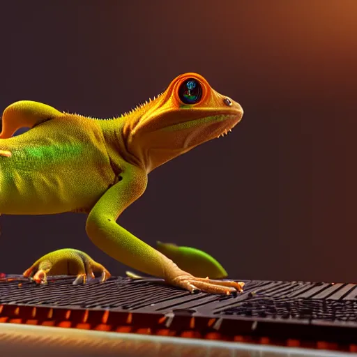 Image similar to crested gecko EDM DJ, photorealistic, 3d render, award winning render, unreal engine, octane render, studio lighting, 8k, hd