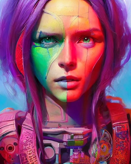 Image similar to colorful character portrait of a female hippie, set in the future 2 1 5 0 | highly detailed face | very intricate | symmetrical | cinematic lighting | award - winning | painted by mandy jurgens | pan futurism, dystopian, bold colors, cyberpunk, groovy vibe, anime aesthestic | featured on artstation