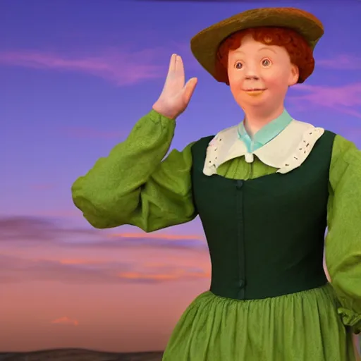 Prompt: A 3D rendering of anne of green gables waving goodbye from the show anne with an e