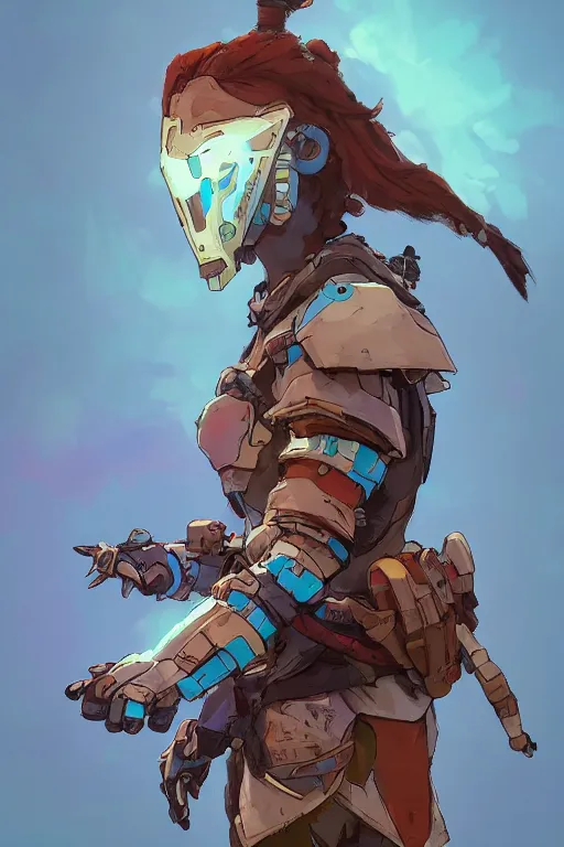 Image similar to combination suit armor aloy horizon forbidden west horizon zero dawn robot ninja mask helmet backpack tribal, art gta 5 comics, official fanart behance hd artstation by jesper ejsing, by rhads, makoto shinkai and lois van baarle, ilya kuvshinov, ossdraws radiating a glowing aura cgi rtx 2 0 2 2