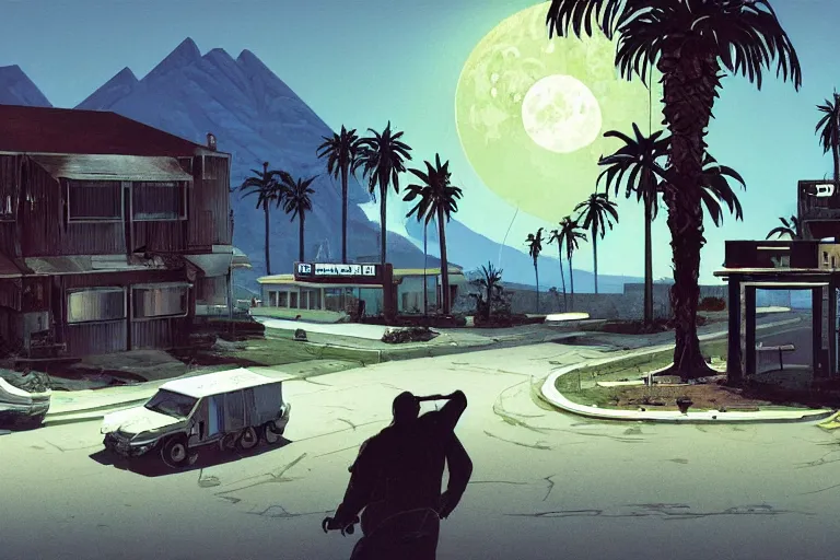 Image similar to broken robot | abandoned motel | palm trees | snowy mountains | moon in sky, painting by syd mead and weta studio and moebius and james jean and frank frazetta, gta san - andreas game screenshot, highly detailed, rule of third, soft lighting, architectural magazine, insanely intricate details, artstation trending, hypermaximalistic, high details, cinematic