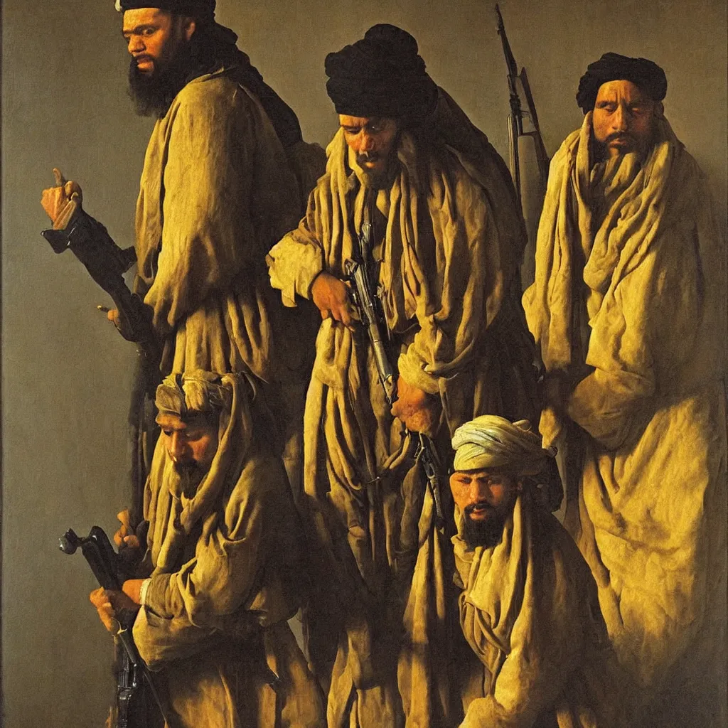 Image similar to taliban by johannes vermeer, oil painting, beautiful lighting, saturated colors, highly detailed.