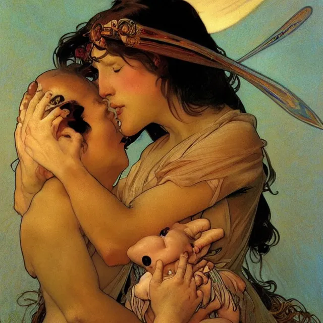 Prompt: an aesthetic! detailed portrait of an aesthetic woman crying mournfully while holding a child, by frank frazetta and alphonse mucha, oil on canvas, bright colors, art nouveau, epic composition, dungeons and dragons fantasy art, hd, god - rays, ray - tracing, crisp contour - lines, huhd - 8 k