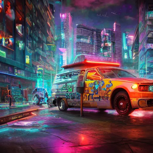 Image similar to cyberpunk mystery machine, high detail 8 k photograph