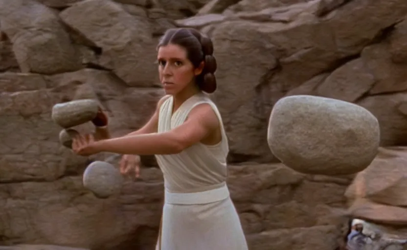 Prompt: portrait shot of Princess Leia lifting floating rocks outside a Jedi Temple scene from The Lost Jedi, 1970s film by Stanley Kubrick, serene, iconic scene, perfect shot of Carrie Fischer, stunning cinematography, hyper-detailed, sharp, anamorphic lenses, kodak color film, 4k