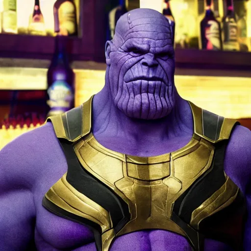 Prompt: thanos drinking beer at a bar