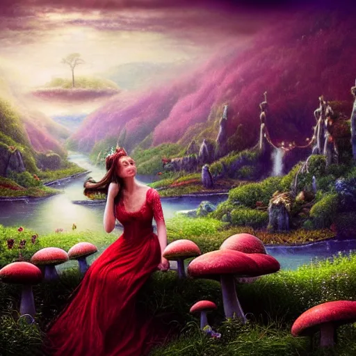 Prompt: an elegant fairy queen in a red lace dress sitting and looking out at a lord of the rings scenery landscape, vast lush valley flowers and giant mushroom structures, river, sunrise, god's rays highly detailed, vivid colour, soft clouds, floral sunset, cinematic lighting, perfect composition, 8 k, gustave dore, derek zabrocki, greg rutkowski, belsinski