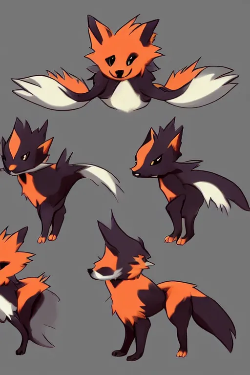 Image similar to zorua pokemon, stylised fox - like appearance, black and auburn colour pallet, thick furry neck and chest fluff, stylised 🖌 - like hair, pokemon concept art with multiple angles, super detailed, clean lines, digital art