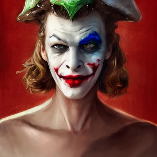 Prompt: joker as an attractive young smiling woman played by milla jovovich wearing a mushroom crown and heavy armoured wedding dress, face portrait, hd shot, digital portrait, elegant, beautiful, fantasy art, artstation, comic style, by artgerm, guy denning, jakub rozalski, magali villeneuve and charlie bowater