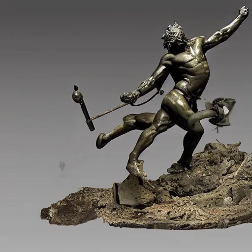 Image similar to Cult of Mithras, Roman marble statue of young man, muscled bodied, Mithras fighting a bull, epic, cinematic, dark, dystopian, battle damaged, in the style of Ashley Wood