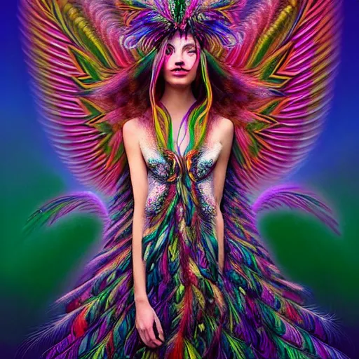 Image similar to extremely psychedelic portrait of a girl transforming into a feathered bird, covered in feathers, wings, flying, surreal, fantasy, intricate, elegant, dramatic lighting, emotional, symbolic metaphor, highly detailed, lifelike, photorealistic, digital painting, artstation, concept art, smooth, sharp focus, illustration, art by John Collier and Krenz Cushart and Artem Demura and Alphonse Mucha and Albert Aublet