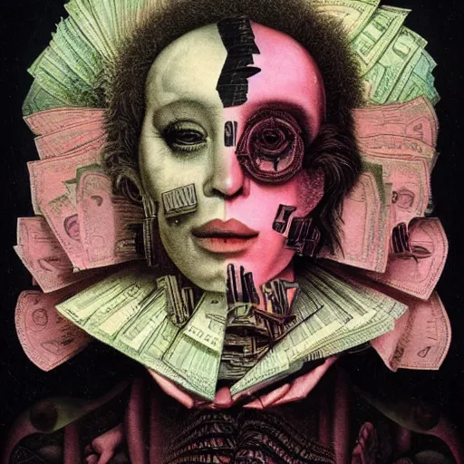 Image similar to post - punk new age album cover, asymmetrical design, dollar bank notes, capitalism, magic, apocalypse, psychedelic, black white pink, magic, giger h. r., giuseppe arcimboldo