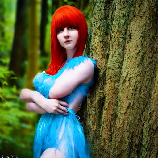Prompt: girl in her early 20s in a forest nymph costume, short colored hair, cosplay, naturist, portrait photography, digital, photoshop, Helios 44-2, high definition, award winning, 4K UHD