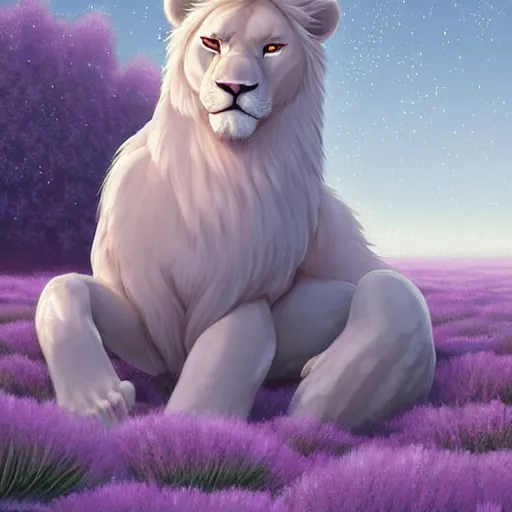 Image similar to aesthetic portrait commission of a albino male furry anthro lion under a lavender tree surrounded by by soap bubbles while wearing a masculine cozy soft pastel winter outfit, softest winter atmosphere. character design by artgerm, and makoto shinkai, detailed, inked, western comic book art, 2 0 2 0 award winning painting