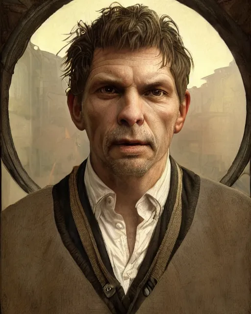 Image similar to portrait of 4 0 - year - old man, with a pale face with premature lines, and light brown hair going grey, wearing in shirt, hyper realistic face, beautiful eyes, fantasy art, in the style of greg rutkowski, intricate, alphonse mucha, hyper detailed, smooth