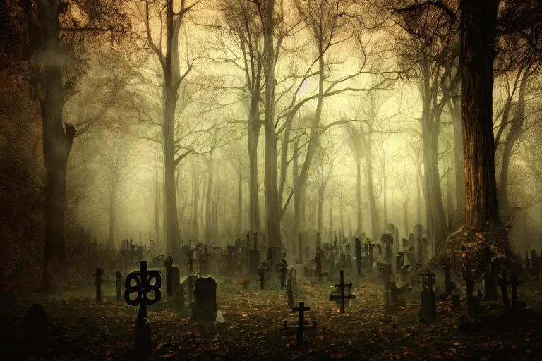 Image similar to dark and spooky haunted woods graveyard. atmospheric, oil painting on canvas. fairytale setting, cinematic lighting. dramatic framing. volumetric lighting. romanticism