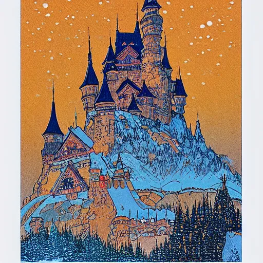 Image similar to detailed ivan bilibin and edmund dulac and ilya kuvshinov and katsuhiro otomo inspired print of a castle in winter