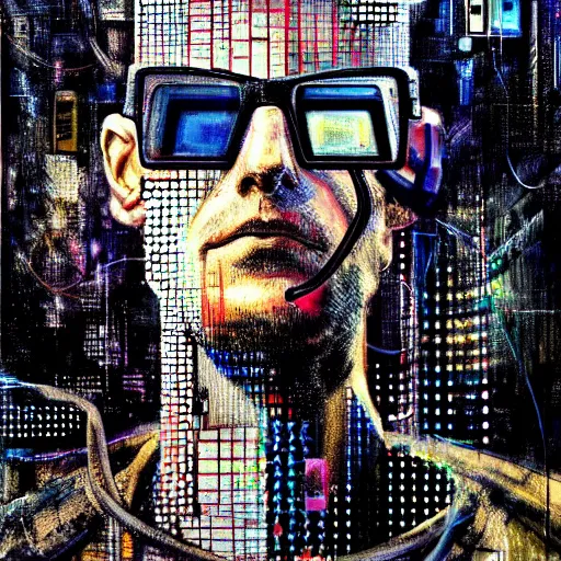 Prompt: hyperrealistic portrait of a cyberpunk man, by Guy Denning, Johannes Itten, Russ Mills, hacking effects, detailed lines, network, cybernetics, futurisitc sunglasses, cables, computation, technological, color blocking!, circuitry, digital, oil on canvas, insane detail, front view, symmetrical, octane, concept art, abstract, artistic, 8k, cinematic, trending on artstation