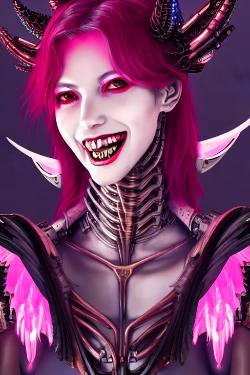 Image similar to portrait futuristic Devil Girl with horns and wings and feathers and armor, stunning smile, in future cyberpunk tokyo rooftop , ssci-fi, fantasy, intricate, very very beautiful, elegant, human anatomy, human structure, neon light, highly detailed, digital painting, artstation, concept art, smooth, sharp focus, illustration, art by tian zi and WLOP and alphonse mucha