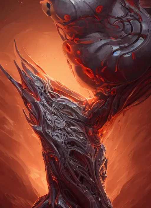 Prompt: a highly detailed illustration of colossal silver mechanical giant, with molten red cracks running along body, gentle calm pose, intricate, elegant, highly detailed, centered, digital painting, artstation, concept art, smooth, sharp focus, league of legends concept art, WLOP