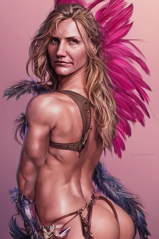 Image similar to muscled Cameron Diaz as a ruggedly handsome hero wearing pink feathers, intricate, elegant, tasteful, highly detailed, centered, digital painting, artstation, concept art, smooth, sharp focus, illustration, art by artgerm and donato giancola and Joseph Christian Leyendecker, WLOP