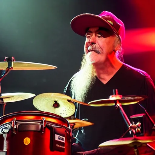 Image similar to Neil Peart as a bald guy with a beard playing drums on stage, hyper realistic, extremely detailed, soft lighting