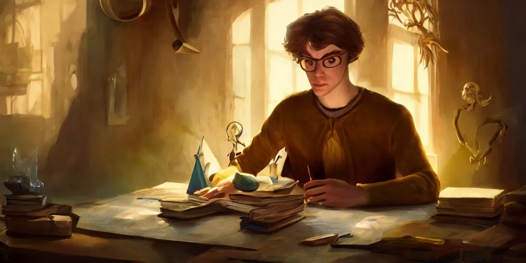 Image similar to a young caucasian male mage they are in a alchemy workshop working at there desk. consistent face, colorful, light rays, medium shot, waist up, sharp focus, bloom, dramatic lighting, very detailed, by pixar, dreamworks and marvel