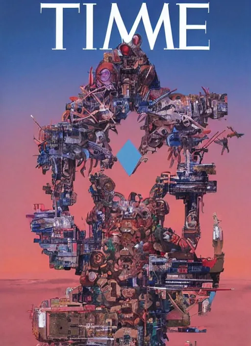 Prompt: TIME magazine cover, the coming AI singularity, by Moebius and Roger Dean and Sandra Chevrier, 4k