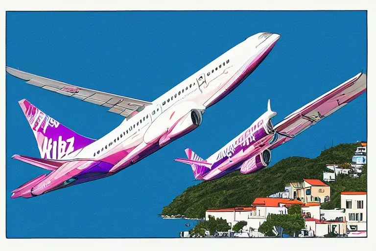 Prompt: extremely low landing of a wizzair at skiathos, greece. risograph artwork by moebius and alex ross, intricately deteailed, trending on artstation