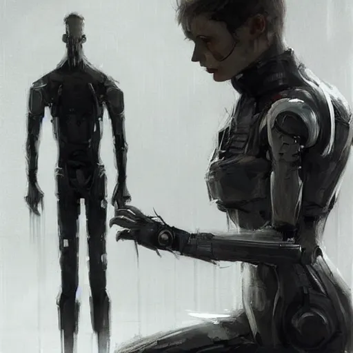 Image similar to concept art by greg rutkowski, a very tall and slender cyborg, talking to a short woman dressed in a utilitarian black and white jumpsuit, high tech and futuristic white walled environment, unnatural lighting, uncanny atmosphere, frightening and creepy atmosphere, scifi, highly detailed portrait, digital painting, artstation, concept art, smooth, sharp foccus ilustration, artstation hq
