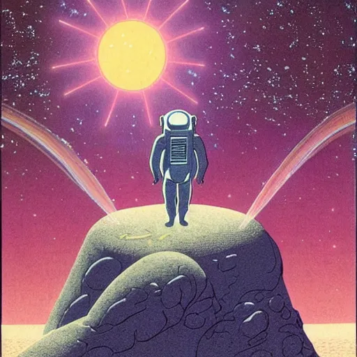 Image similar to astronaut meditating in front of an alien ethereal geometry, art by moebius