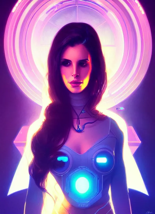 Image similar to symmetry portrait of lana del rey, sci - fi, tech wear, glowing lights intricate, elegant, highly detailed, digital painting, artstation, concept art, smooth, sharp focus, illustration, art by artgerm and greg rutkowski and alphonse mucha