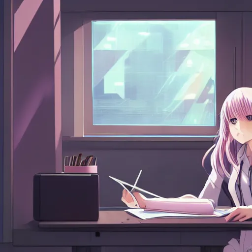 Image similar to high definition anime portrait of an anime girl with pastel colored hair sitting at a desk studying with headphones on, background is a window looking out into a busy Tokyo district, lo-fi art, masterpiece by Naoshi Arakawa, trending on artstation, sharp high quality anime, digital art, photoshop, proportionate, ambient lighting, clear facial festures