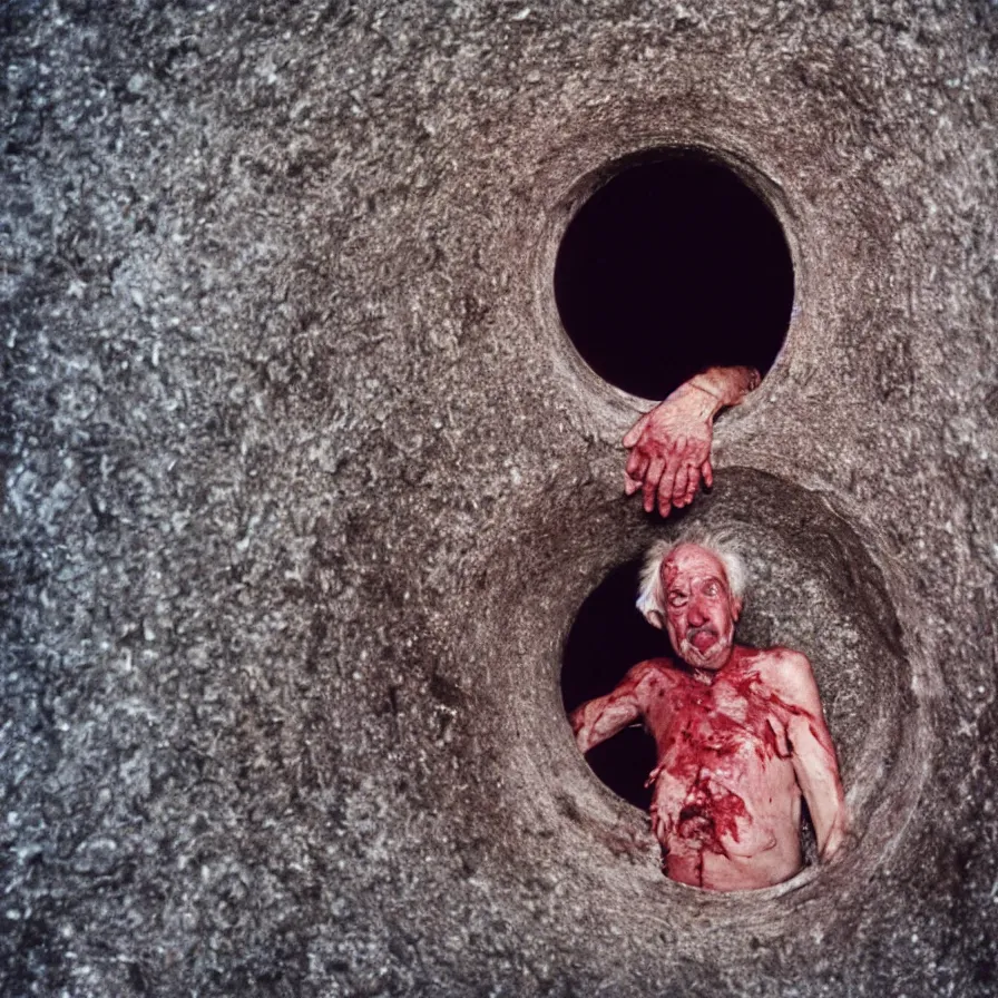 Prompt: 9 0 s movie still of an old man with a bloody hole in the stomach in a spiral tunnel, cinestill 8 0 0 t 3 5 mm, heavy grain, high quality, high detail