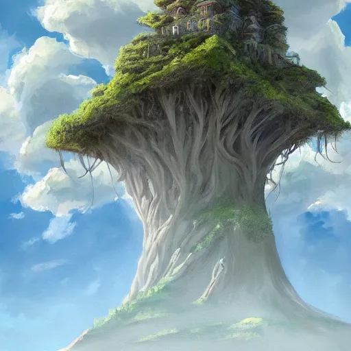 Image similar to a painting of a giant floating castle in the sky with tree roots spreading from the bottom. artstation. painting. high - quality. extremely detailed clouds and foliage