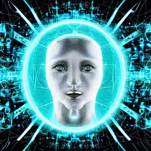 Image similar to a cibernetic artwork of a futuristic artificial intelligence superstar, centered image, with frames made of detailed fractals