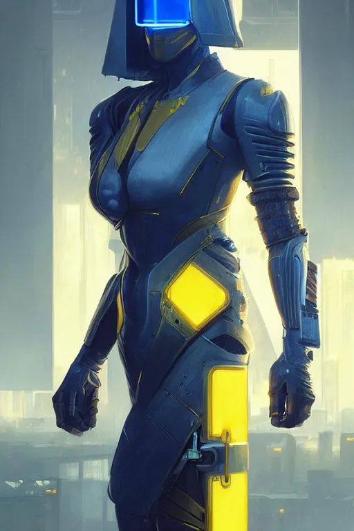 Image similar to cyberpunk knight modern technology, blue and yellow flags, realistic portrait full body, symmetrical, highly detailed, digital painting, artstation, concept art, smooth, sharp focus, illustration, cinematic lighting, art by artgerm and greg rutkowski and alphonse mucha