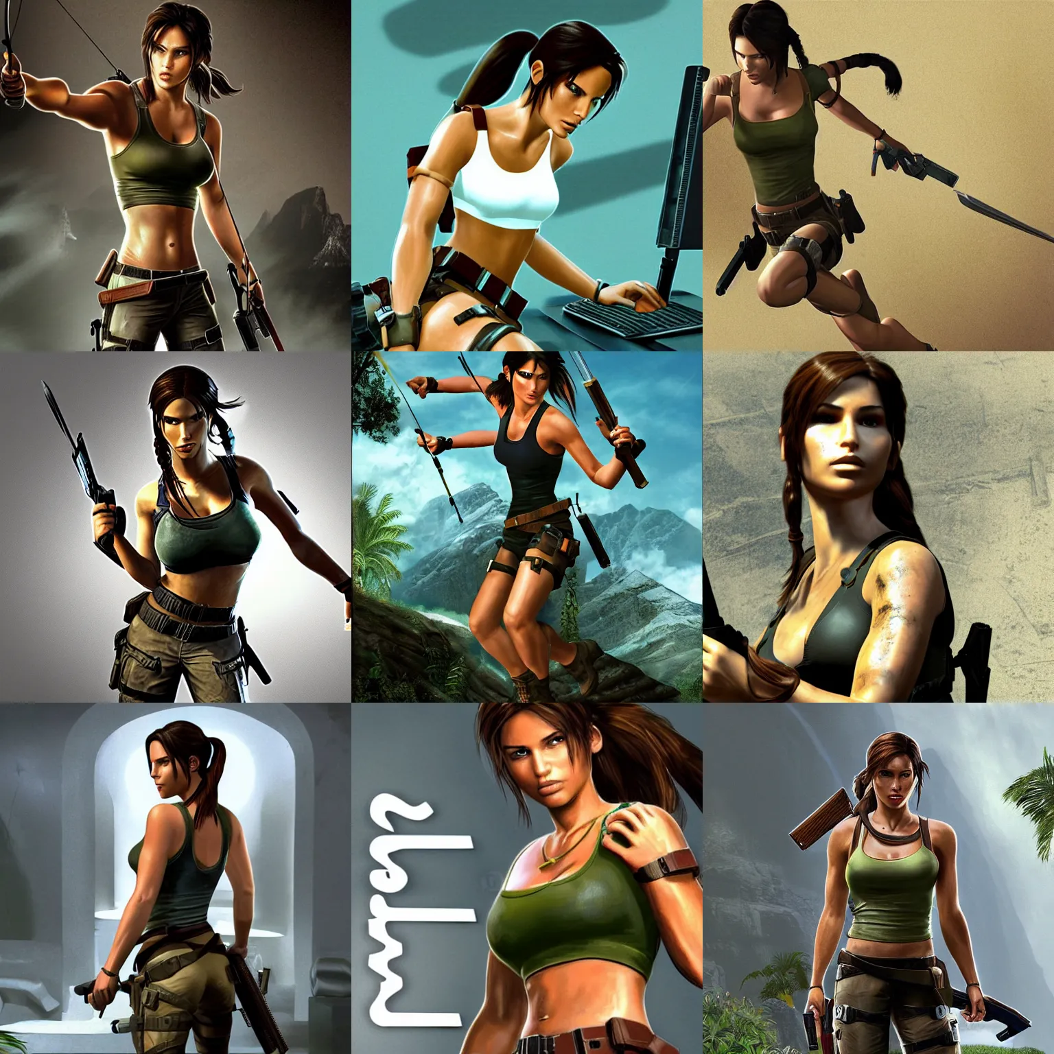 Prompt: Lara Croft on her computer searching Google, promotional rendering, 3d, 1990s style, original Tomb Raider
