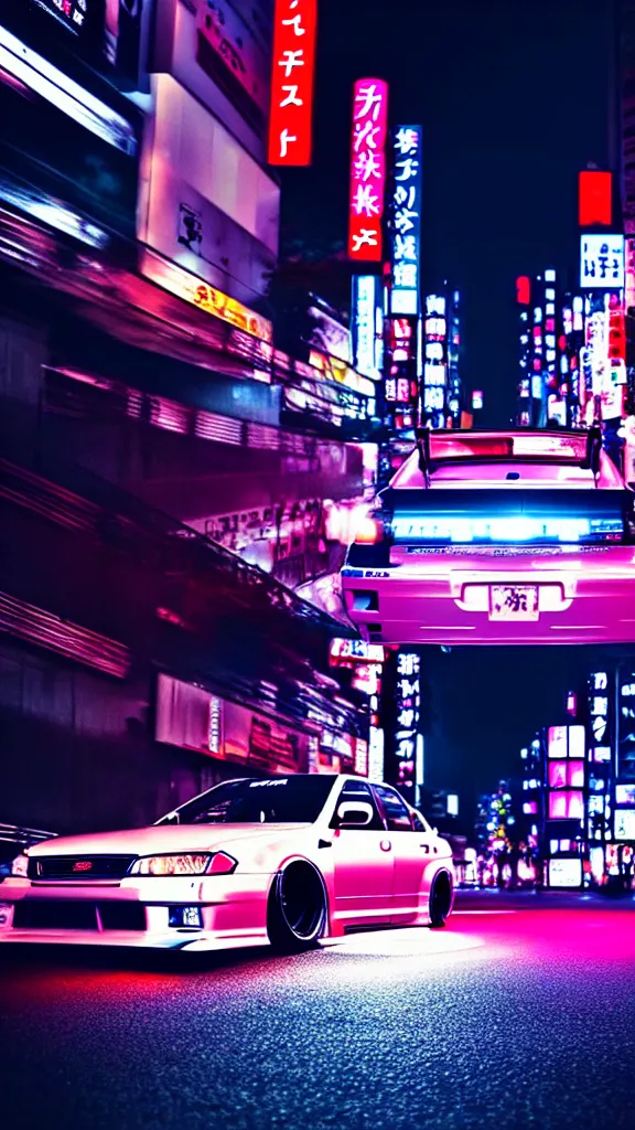 Image similar to a car drift spec JZX100 in middle of road, shibuya prefecture, city midnight neon lights, cinematic color, photorealistic, highly detailed