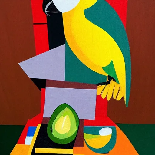 Prompt: parrot made of lemon sitting in the armchair made of avocado in cubism style